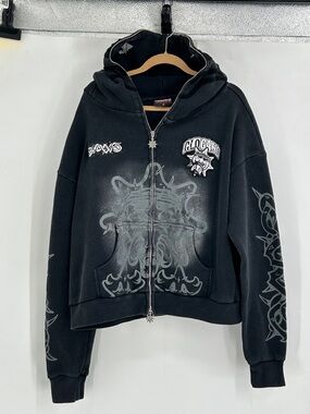 Glo Gang Graphic Print Full Zip Hoodie Black Gray Men's XL- Read Description